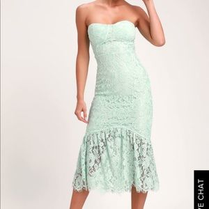 Lulu’s mint green strapless lace midi dress